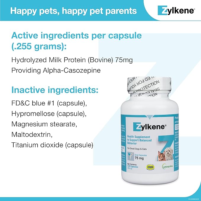 Vetoquinol Zylkene Calming Support Supplement for Small Dogs and Cats, Helps Promote Relaxation and Reduce External Stress Factors, Daily Behavioral Support and Anxiety Relief for Dogs and Cats, 75mg