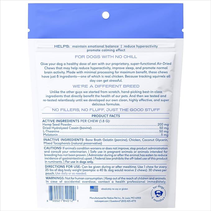 Native Pet Calming Chews for Dogs Small Breed - Promotes Calming Effect, Supports Emotional Balance & Reduces Hyperactivity - Hemp Seed, Melatonin for Dogs, L-Theanine & Casein - 30 Days Supply