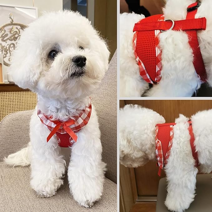 SuperBuddy Upgraded Soft Mesh Dog Harness, Super Breathable Lightweight Pet Harnesses for Puppy Dogs Outdoor Walking, Pink and Red Dog Harness Set Packing-XSmall