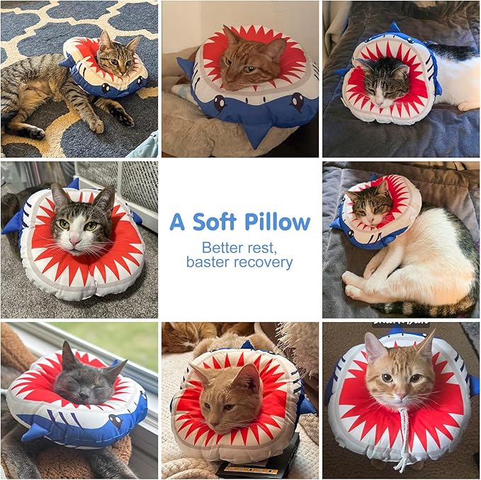 BEAUTYZOO Cat Cone Collars Soft, Cat Recovery E Collars After Surgery to Stop Licking, Adjustable Elizabeth Circle Collar Cute Pet Donut Pillow for Cats Kitten Small Dogs, Cute Shark M