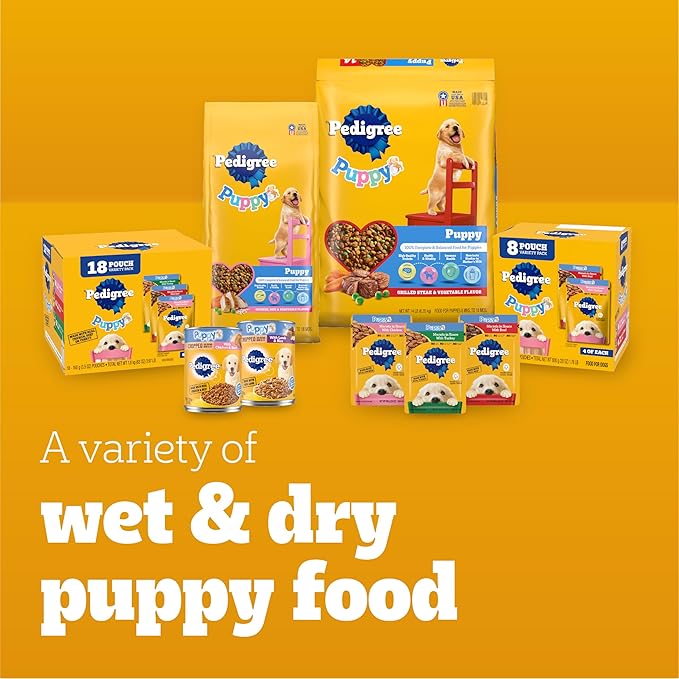 Pedigree Puppy Food Morsels in Sauce, Wet Dog Food Pouches Variety Pack, 3.5 oz. Pouches, 8 Count (Pack of 2)