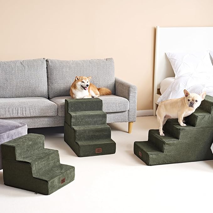 EHEYCIGA Dog Stairs for Bed 25" H, 5-Step Extra Wide Dog Steps for High Bed, Pet Steps for Small Dogs and Cats, Non-Slip Balanced Pet Ramp Indoor, Military Green