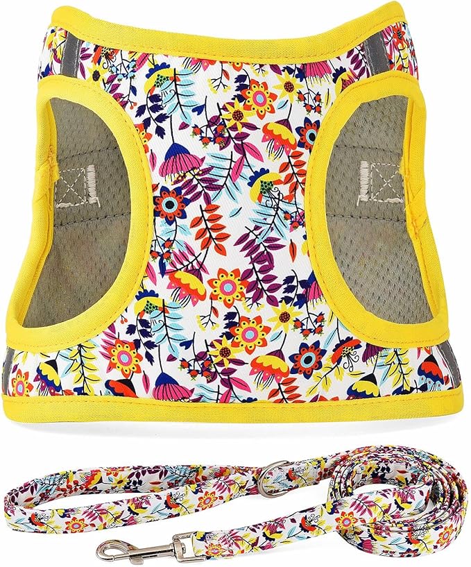 Moonpet Step in Dog Harness Leash Set- All Weather Reflective No-Pull Floral Pattern Padded Mesh Vest Harness for Cats Puppy Extra-Small Small Medium Large Dogs - White Flower - XL