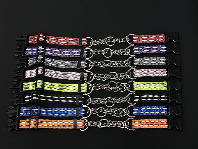 Martingale Dog Collars, Reflective Nylon Collar with Stainless Steel Chain, Adjustable Walking Training Dog Collars with Quick Release Buckle, Suitable for Small Medium Large Dogs(Green,L)