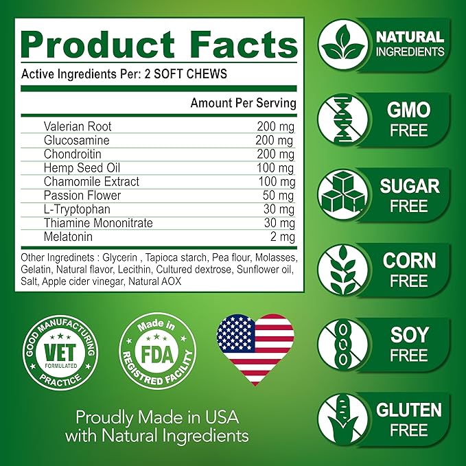 Hemp Calming Chews for Dogs Anxiety - Advanced Dog Calming Chews - 170 Treats - Dog Anxiety Relief with Hemp Oil - Hip and Joint Supplement Health Support for Dogs - Made in USA