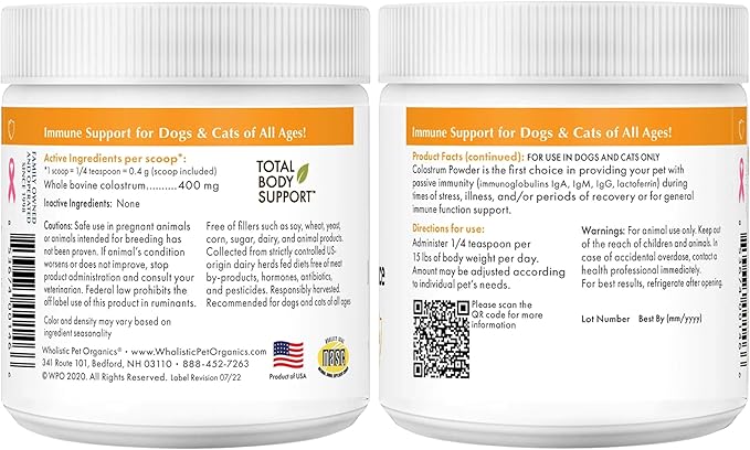Wholistic Pet Organics Colostrum for Dogs & Cats - Bovine Colostrum Powder - Cat & Dog Allergy Relief, Immune Support & Itching Skin Relief - Cat and Dog Vitamins for Itchy Skin - 1 oz - 70 Scoops
