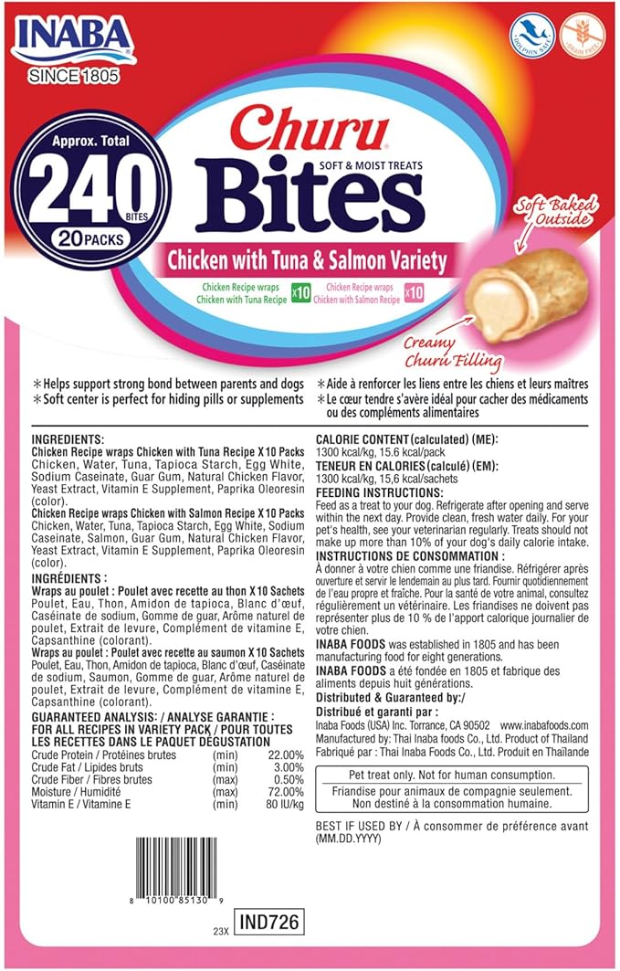INABA Churu Bites for Dogs, Soft & Chewy Dog Treats with Vitamin E, 0.42 Ounces Each Tube, 20 Tubes, Tuna & Salmon Variety Box