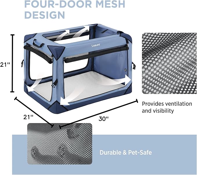 Lesure Collapsible Dog Crate - Portable Travel Kennel for Medium Dog, 4-Door Pet Crate with Mesh Windows, Indoor & Outdoor, Blue