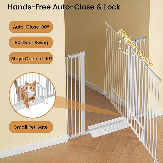 53.15" Extra Tall Cat Gate, 29.53"-40.16" Adjustable Width with Small Cat Door, Auto Close Safety Pet Gate, No Drilling Pressure Mount, White