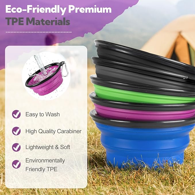 Collapsible Dog Bowl Large 2 Pack, Dog Water Bowls for Travels, Portable Foldable Pet Bowls Feeding Watering Dish for Parking Walking Camping with 2 Carabiners Clip (34oz, Large, Grey+Purple)
