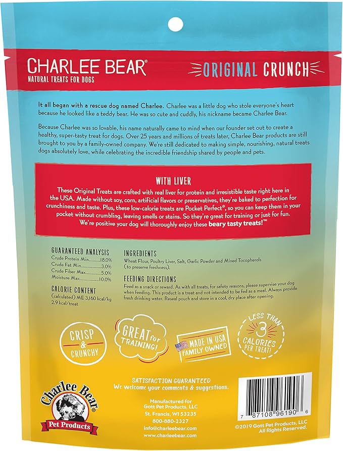 Charlee Bear Original Crunch Dog Training Treats, Liver Flavor, 3 Calories Each, Low Calorie Natural Rewards for Puppies to Adult Dogs, Made in USA, 16 oz (2-Pack)