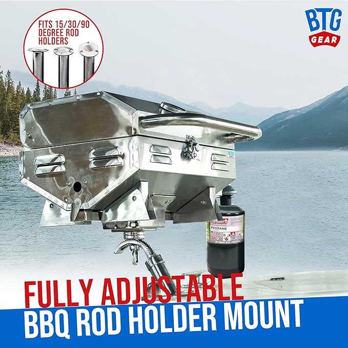 Tailwaves Marine Boat Grill w/Rod Holder Mount | Stainless Steel | Propane Boats & Tailgating & Camping | Built in Thermometer | Portable | Fold-away legs