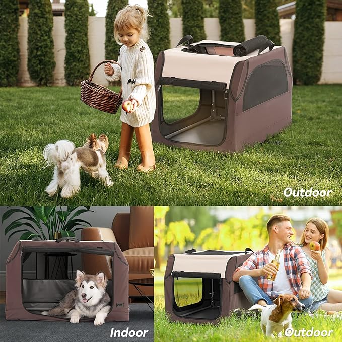 PETSFIT Soft Sided Dog Crate, Portable Dog Crate- 30 Inch Sturdy Adjustable Structure, Easy to Set Up, Collapsible Dog Car Crate, Light Tough with 3 Mesh Doors Brown