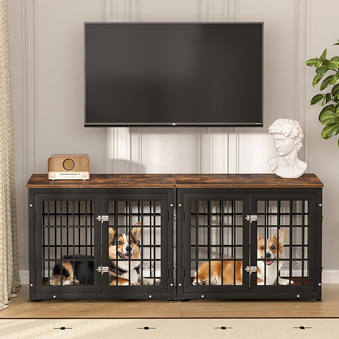 rehomerance 32 Inch Heavy Duty Dog Crate Furniture for Medium and Small Dogs, Decorative Pet House End Table, Wooden Cage Kennel Furniture Indoor, Rustic Brown