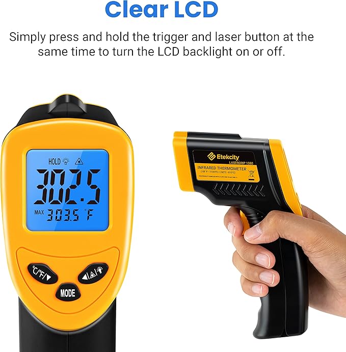 Etekcity Infrared Thermometer Laser Temperature Gun 1080, -58ยฐF~ 1130ยฐF for Meat Food Candy Pizza Oven, Heat Gun for Cooking, Kitchen, Fridge, Reptile, BBQ, HAVC, Adjustable Emissivity & Max Measure