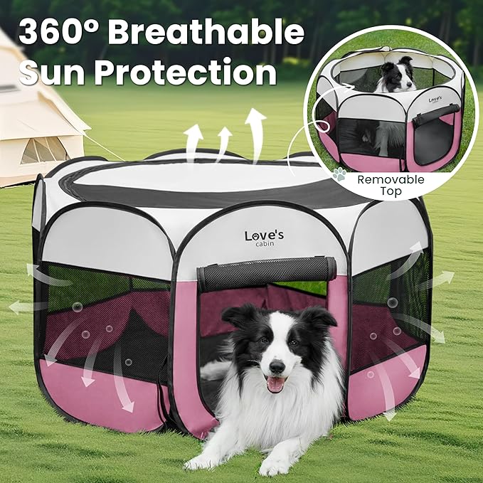 Love's cabin Pet Puppy Dog Playpen, Large Dog Tent Crates Cage Indoor/Outdoor, Portable Playpen for Cat, Foldable Pop Up Dog Kennel Playpen with Carring Case, Removable Zipper Top, Light Pink