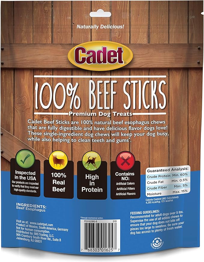 Cadet 100% Beef Strips Dog Chew Sticks, Long-Lasting Single-Ingredient Natural Treats, High-Protein, Perfect for Small & Large Breeds, 12 oz