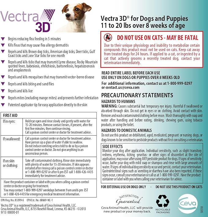 Vectra 3D S Dog 11 to 20 lbs 3pack Teal
