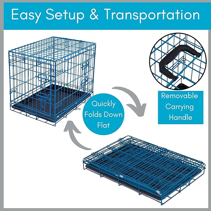 Internet's Best Double Door Steel Crates Collapsible and Foldable Wire Dog Kennel, 24 Inch (Small), Blue