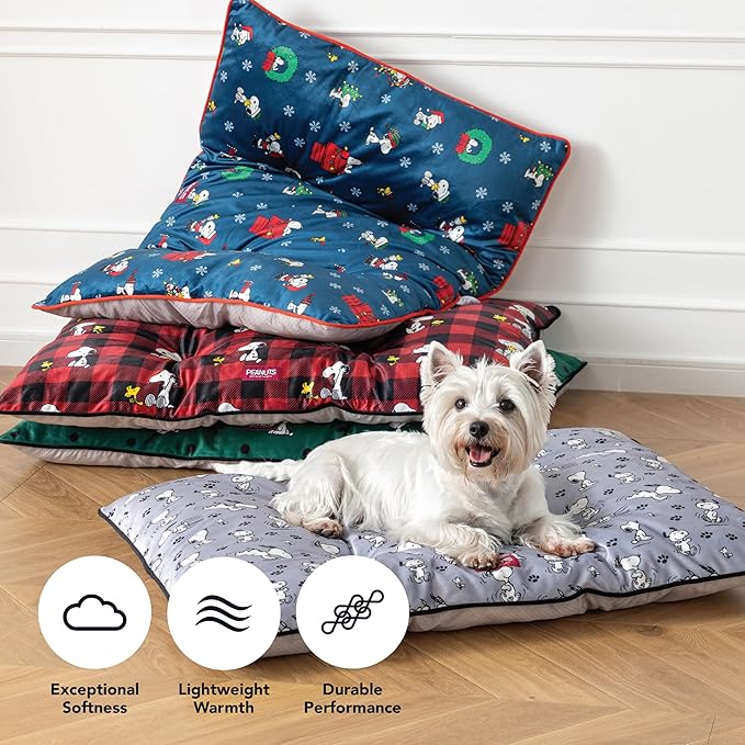 Berkshire Peanuts® Square Dog Bed, Suedemink Fleece Pet Mat with Waterproof & Non-Slip Bottom, Soft Plush Dog Mat for Crate, Couch, or Floor, Machine Washable(Snoopy Best Christmas Icons, Large)