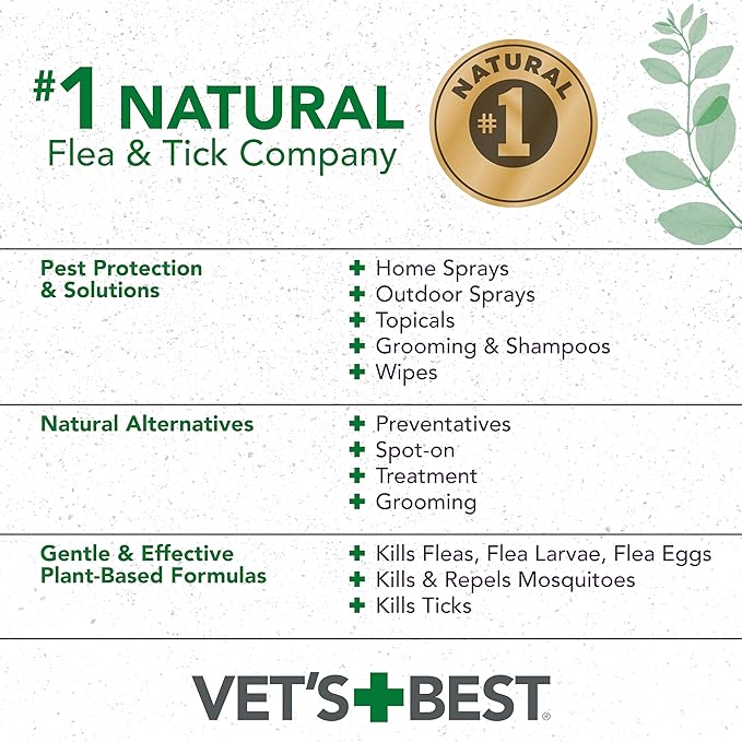 Vet’s Best Natural Flea and Tick Spray Shampoo for Dogs – Natural Plant-Based Formula with Certified Essential Oils – Anti-Flea and Tick Treatment with Itch Relief – Safe Pest Control – 16 oz Bottle