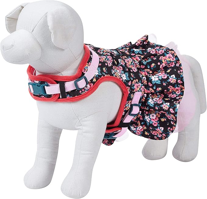 Blueberry Pet New Soft & Comfy Made Well Elegant Floral No Pull Mesh Puppy Dog Costume Harness Dress in Sleek Black, Chest Girth 14"-16", X-Small, Adjustable Harnesses for Dogs