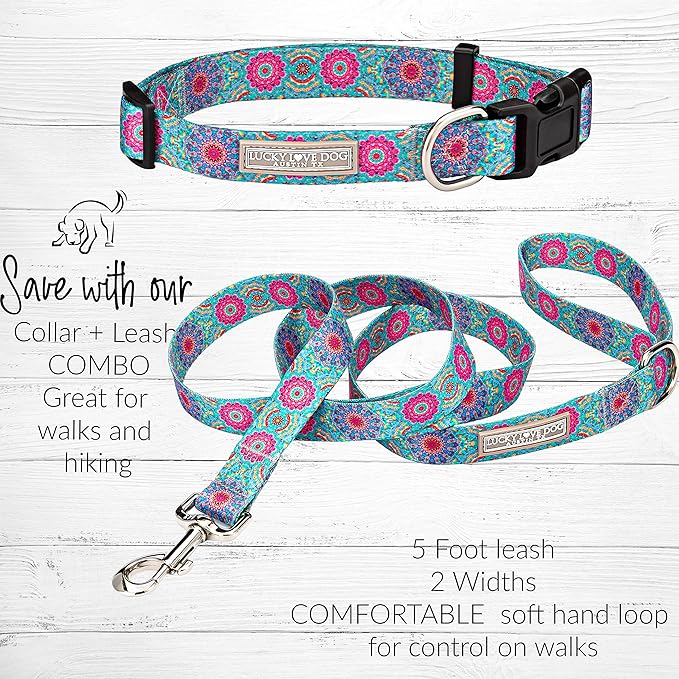 Lucky Love Dog, Boho Chic Matching Dog Collar and Leash Set, Vivid Pink and Turquoise Collar and Leash for Dogs, Soft, Adjustable, Safe for Training and Walking - (X-Small, Clara Combo)
