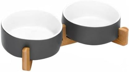 SPUNKYJUNKY Ceramic Dog and Cat Bowl Set with Wooden Stand, Modern Cute Weighted Food Water Set for Small Size Dogs (13.5OZ) & Medium Sized Dogs (28.7OZ) & Cats (1.7 Cups, 2 × White-Gray)