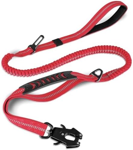 Joytale Tactical Dog Leash Heavy Duty, 4-6FT Shock Absorbing Bungee Lead with 2 Padded Handle, Metal Carabiner Clip, Car Seatbelt, Strong No Pull Leash for Medium Large X-Large Dogs, Red