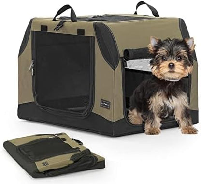 PETSFIT Travel Dog Crate, Soft Dog Crate - 24 Inch Sturdy Adjustable Structure, Easy to Set Up, Portable Dog Kennel for Car, Light Tough with 3 Mesh Doors, Army Green