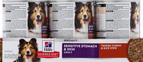 Hill's Science Diet Adult 1-6 Sensitive Stomach & Sensitive Skin Wet Dog Food, Tender Turkey & Rice Stew in Gravy, 12.5 oz. Cans, 12-Pack