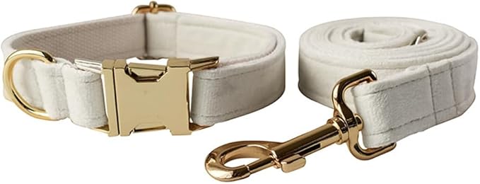 Love Dream Velvet Dog Collar and Leash Set, Soft & Comfy Adjustable Dog Leash and Collar with Heavy Duty Metal Buckle for Small Medium Large Dogs Training & Walking (Medium, White)