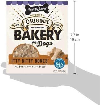 Three Dog Bakery Crunchy Itty Bitty Bones, Peanut Butter Flavor, Premium Treats for Dogs, 13 Ounce Box