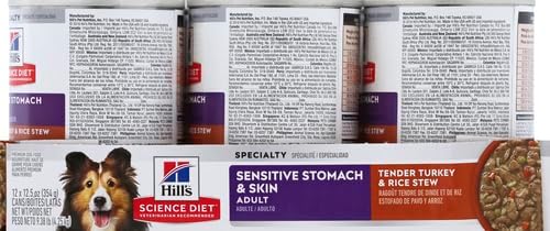 Hill's Science Diet Adult 1-6 Sensitive Stomach & Sensitive Skin Wet Dog Food, Tender Turkey & Rice Stew in Gravy, 12.5 oz. Cans, 12-Pack