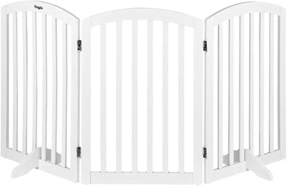 Bonnlo 30'' Tall White Freestanding Dog Gates for Doorways, Trifold Pet Gate Step Over Foldable Gate, Wooden 3 Panel Pet Gate Christmas Tree Fence with 3 PCS Foot Supporters, Up to 61'' Wide