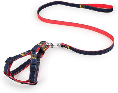 Hypeety Dog Denim Leash Harness Adjustable Heavy Duty Durable Dog Collar No-Pull for Training Walking Running, Good for Large Medium Small Dog (S (9.05"-12.99" Chest Girth))