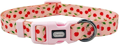 Dog Collar and Leash Set, Cute Cherry Pattern, Polyester Material, 5ft Leash, for Large Dogs.(Large,Pink Cherry)