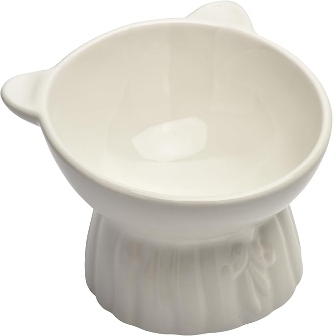Elevated Cat Food Bowl,8 Oz Ceramic Raised and Tilted Water Bowl,Anti Vomiting and Protect Pets Spines Dishes for Fat Faced Cat, Indoor Cats,Kitten,Small Dog (White)