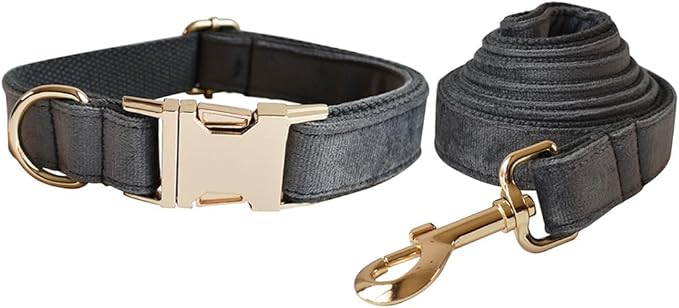 Love Dream Velvet Dog Collar and Leash Set, Soft & Comfy Adjustable Dog Leash and Collar with Heavy Duty Metal Buckle for Small Medium Large Dogs Training & Walking (Small, Dark Grey)