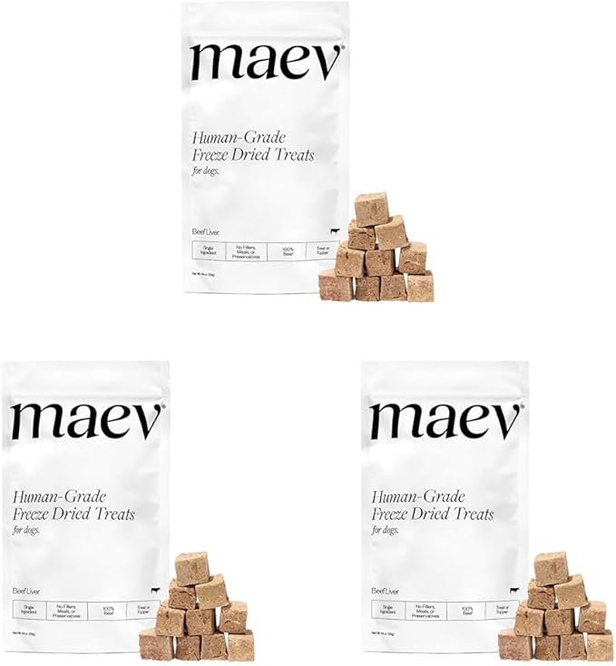 Maev Human-Grade Freeze Dried Raw Beef Liver Treats | 100% USDA Certified Single-Ingredient | Healthy, Human-Grade Dog Snacks | Perfect for Training & Sensitive Diets (Pack of 3)