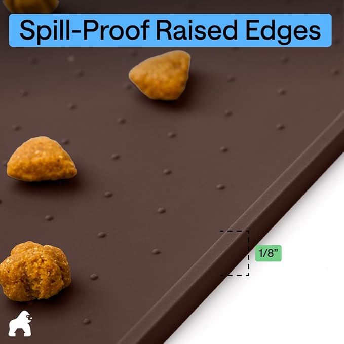 GORILLA GRIP 100% Waterproof Raised Edge BPA Free Silicone Pet Feeding Mat, Dog Cat Food Mats Contain Spills Protects Floors, Placemats for Cats and Dogs Water Bowl, Pets Accessories 18.5x11.5 Brown