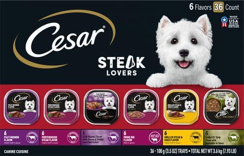 Cesar Wet Dog Food Steak Lovers Variety Pack,Adult,Wet Food for Dogs with Real Meat,3.5 oz Easy Peel Trays,36 Count (Pack of 2)