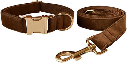 Love Dream Velvet Dog Collar and Leash Set, Soft & Comfy Adjustable Dog Leash and Collar with Heavy Duty Metal Buckle for Small Medium Large Dogs Training & Walking (Large, Coffee)