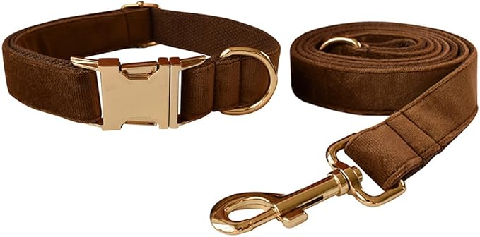 Love Dream Velvet Dog Collar and Leash Set, Soft & Comfy Adjustable Dog Leash and Collar with Heavy Duty Metal Buckle for Small Medium Large Dogs Training & Walking (Small, Coffee)