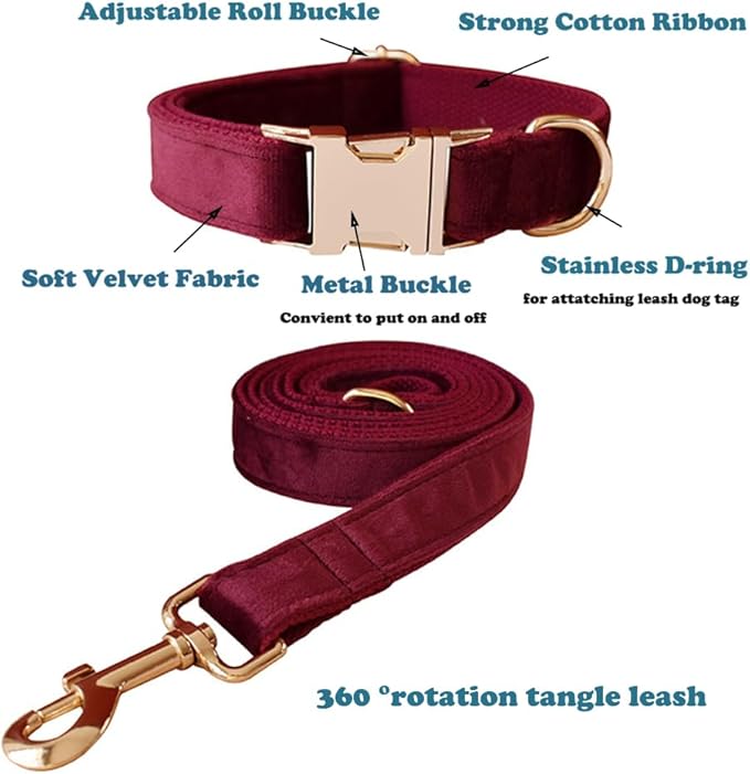 Love Dream Velvet Dog Collar and Leash Set, Soft & Comfy Adjustable Dog Leash and Collar with Heavy Duty Metal Buckle for Small Medium Large Dogs Training & Walking (Medium, Wine Red)