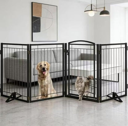Full Metal Freestanding Dog Gate with Cat Door for Indoor & Outdoor,32" Tall Foldable Dog Fence,80" Extra Wide Freestanding Pet Gate for Large Openings,Stairs,Deck,Yard,Doorways(4 Panels,Black)