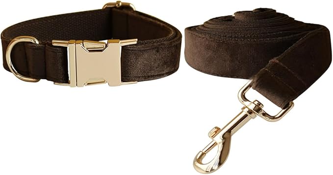 Love Dream Velvet Dog Collar and Leash Set, Soft & Comfy Adjustable Dog Leash and Collar with Heavy Duty Metal Buckle for Small Medium Large Dogs Training & Walking (Medium, Brown)