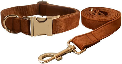 Love Dream Velvet Dog Collar and Leash Set, Soft & Comfy Adjustable Dog Leash and Collar with Heavy Duty Metal Buckle for Small Medium Large Dogs Training & Walking (XLarge, Copper Red)