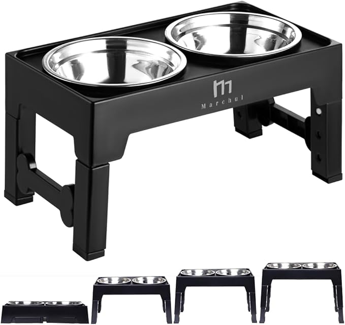 Marchul Elevated Dog Bowls, Raised Dog Food Water Bowls with 2 Thick Stainless Steel Bowls, 4 Height Adjustable, Non-Slip Stand for Medium Large Dogs