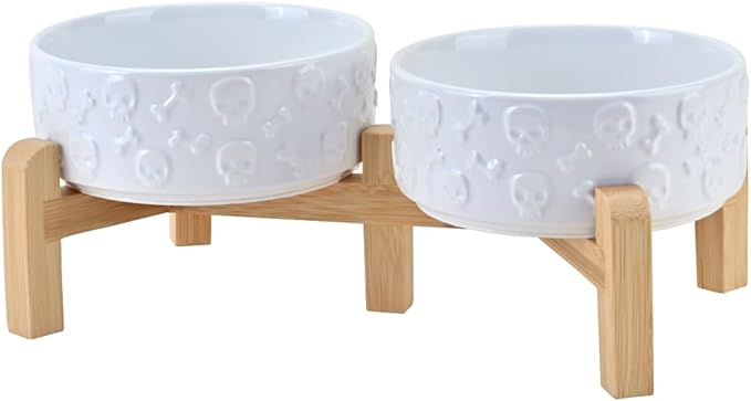 SPUNKYJUNKY Elevated Dog Bowls Ceramic, 5.1'' Dogs and Cat Food Water Bowls Raised with Non-Slip Bamboo Stand for Puppy Small Sized Breed Microwave Dishwasher Safe - 13.5 OZ,Skull White